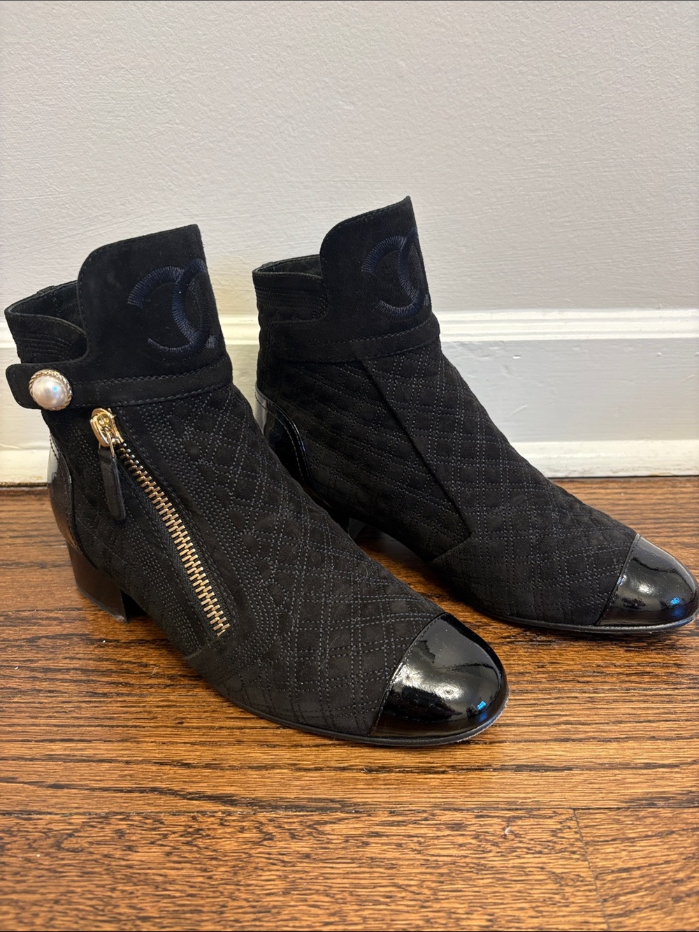 Chanel Black Quilted CC Cap Toe Ankle Boots